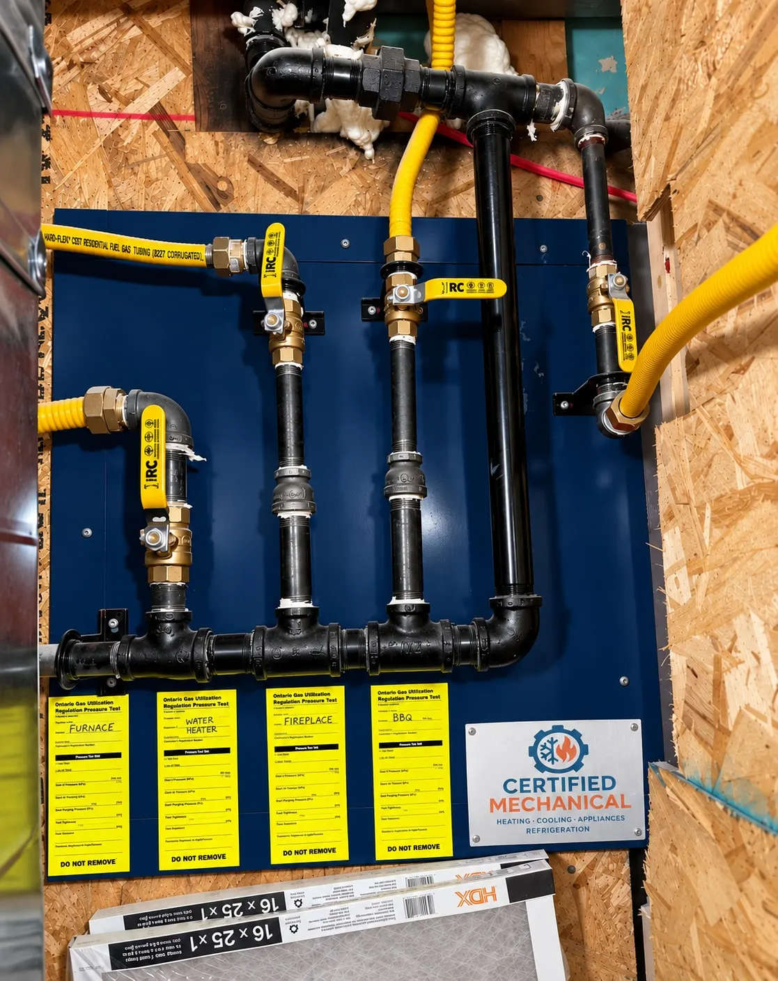 Gas piping manifold with labelled shut-off valves for the furnace, water heater, fireplace and BBQ, installed by Certified Mechanical