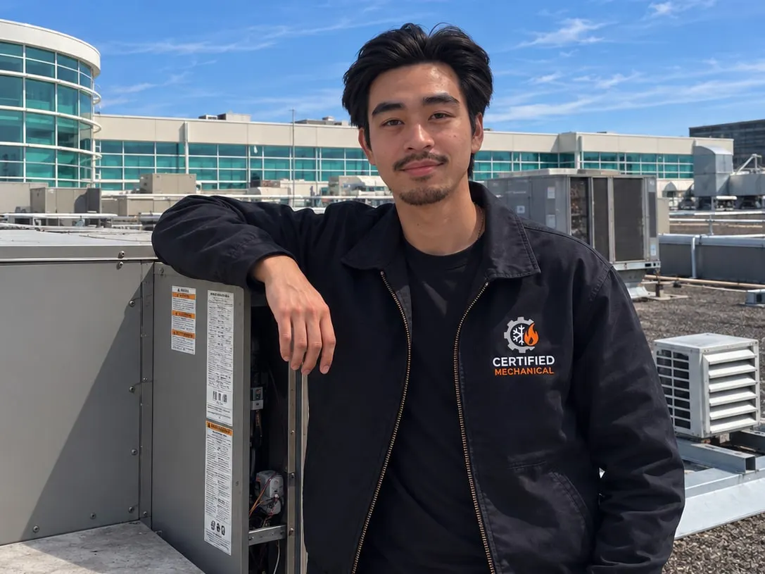Certified Mechanical technician in uniform beside a commercial rooftop HVAC unit