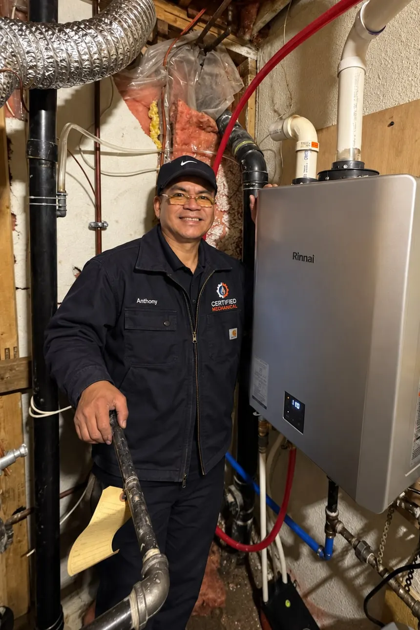 Certified Mechanical technician in uniform beside a gas appliance in a residential basement mechanical room